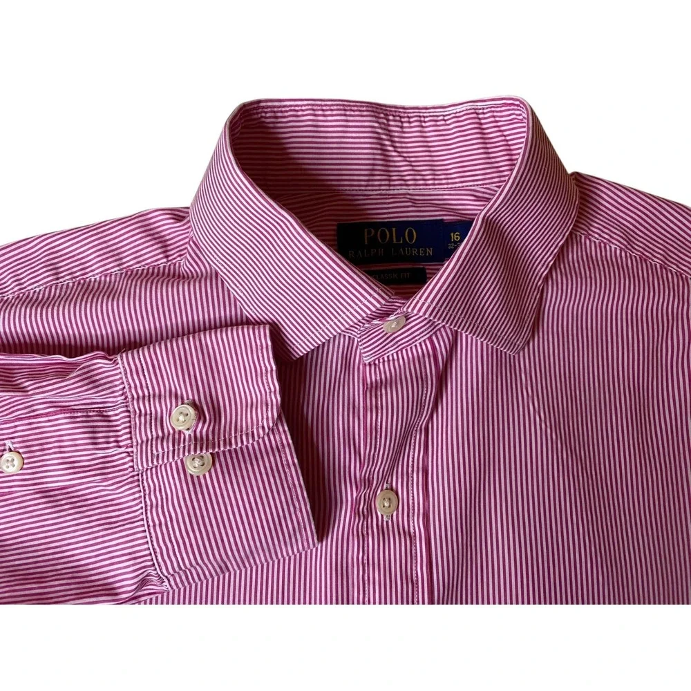 Polo Ralph Lauren Mens Classic Fit Red Pin Stripe Dress Shirt 16 32/33 Button Up